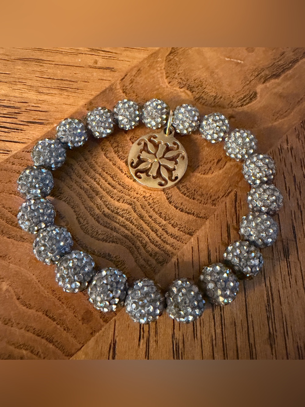 Tory Burch Silver Crystal Pave Bead Stretch Bracelet with Gold Medallion